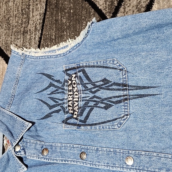 HARLEY DAVIDSON EMBROIDERED SILVER RAW-EDGE TRIBAL LOGO SNAP-BUTTON DENIM SHIRT - Picture 3 of 16